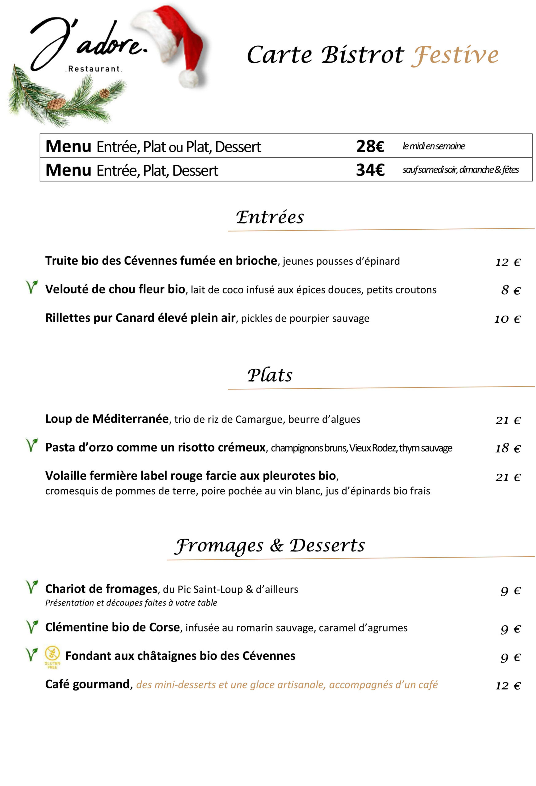 RESTAURANT J'ADORE CARTE BISTROT FESTIVE